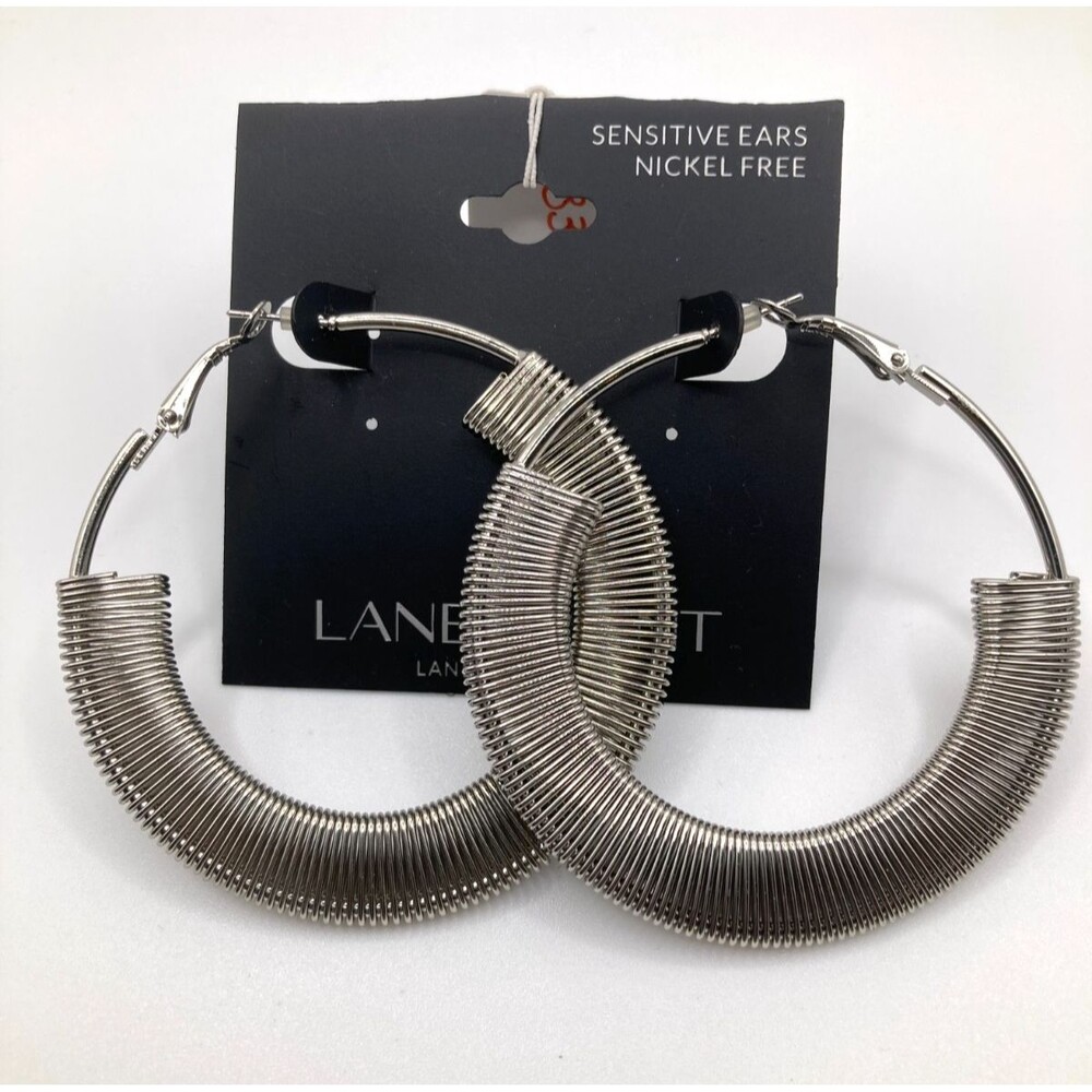 LANE BRYANT Industrial Sculptural Brutalist Silver Grey Tone Hoop Earrings 2"